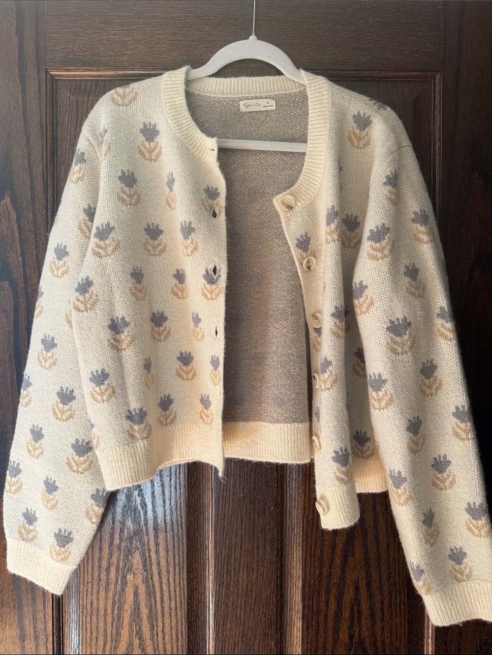 Rylee + Cru Cream Cardigan with Pale Yellow & Light Gray Floral Motifs